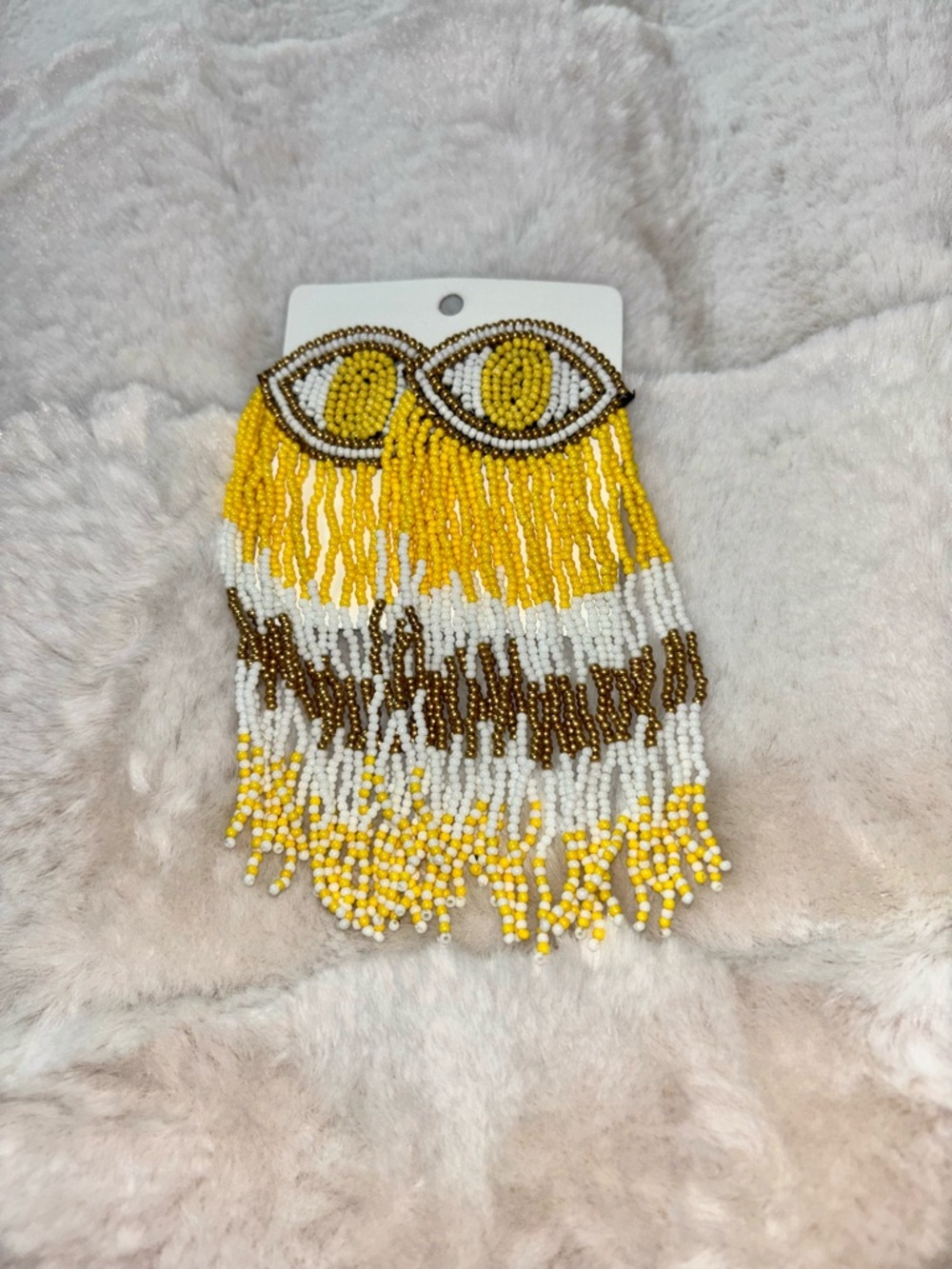 Handmade Yellow White Gold Beaded Fringe Eye Earrings